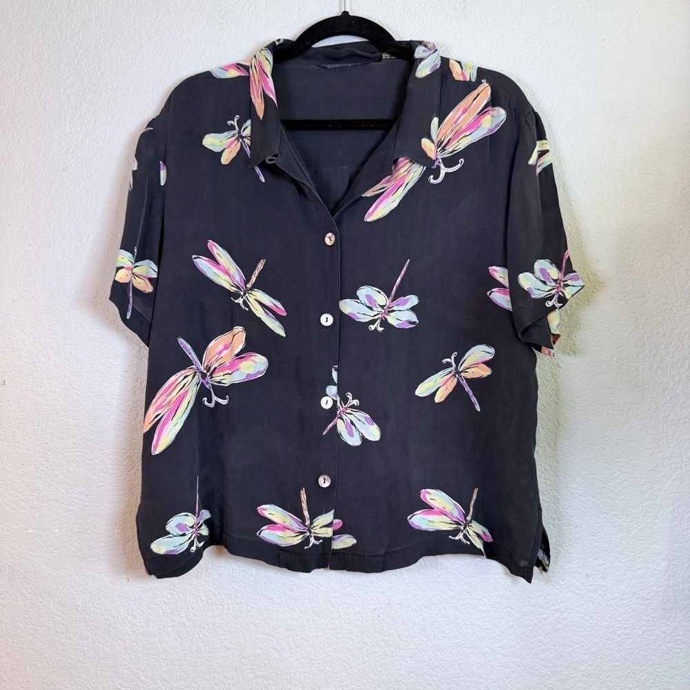 Mureli Collections Silk Dragonfly Collared V Neck Button Down Vintage Top L